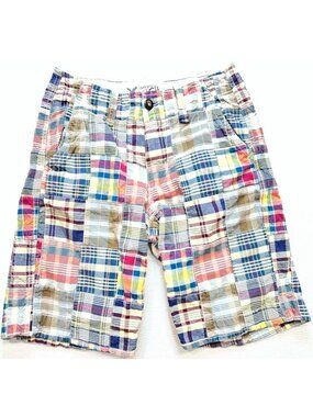 American Eagle Men's Classic Length Patchwork Madras Shorts Flat Front Multi